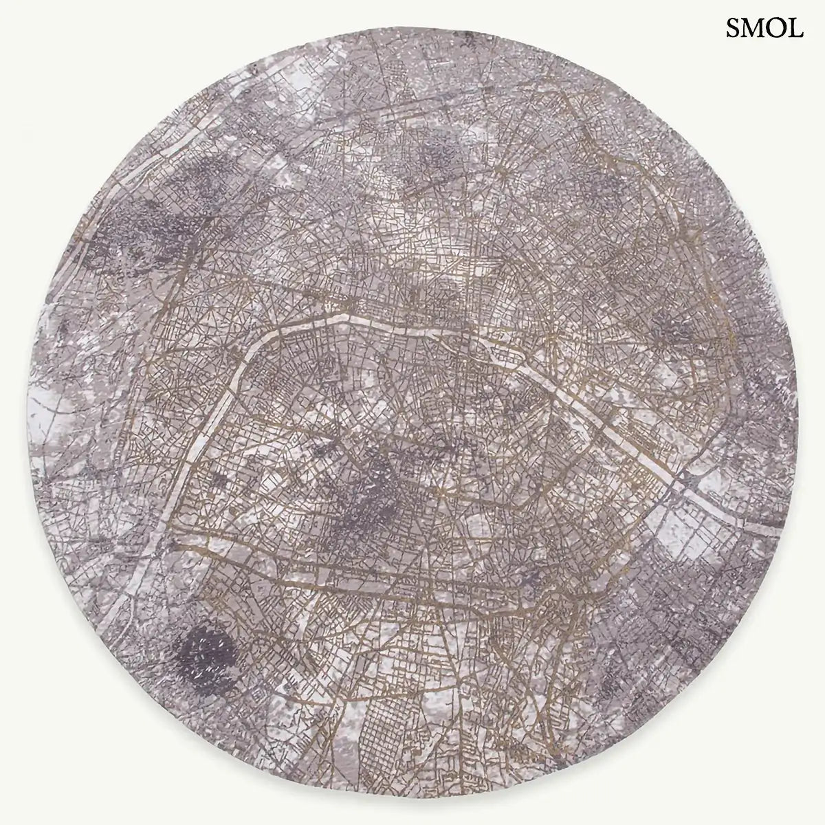 ECO RUG SPACE TRIP párizsi térkép mintás szőnyeg szürke-bézs kombinációban, absztrakt városkép, kerek forma