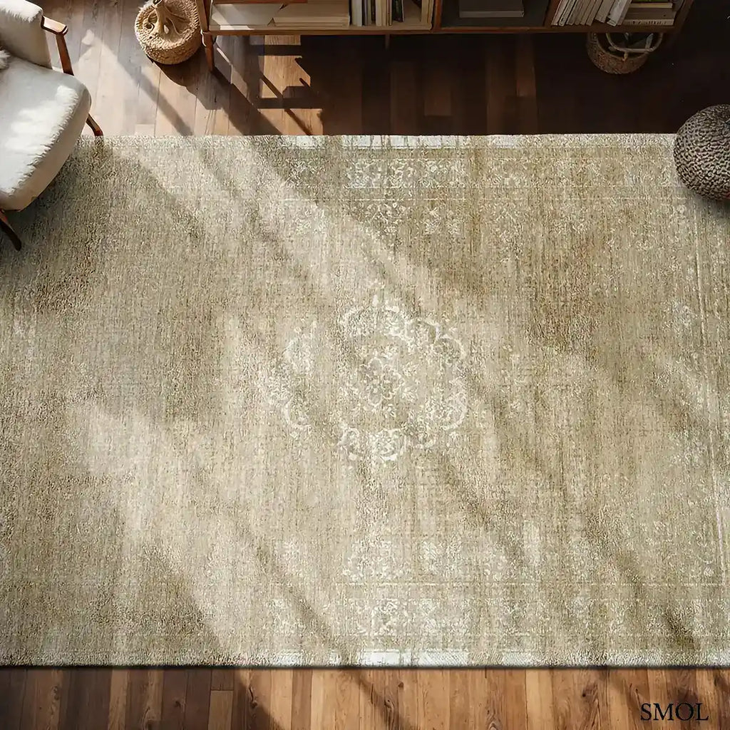 ECO RUG MILK CURRY bézs perzsa mintás szőnyeg, szobában, felülről