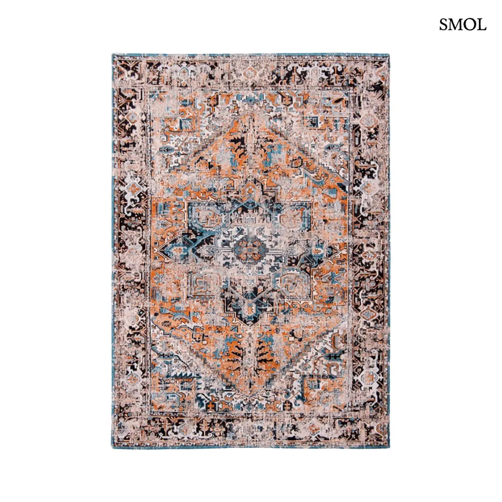ECO RUG SERAY ORANGE perzsa mintás szőnyeg narancssárga alapon fekete-kék Heriz mintával, koptatott vintage hatással, fehér háttérrel
