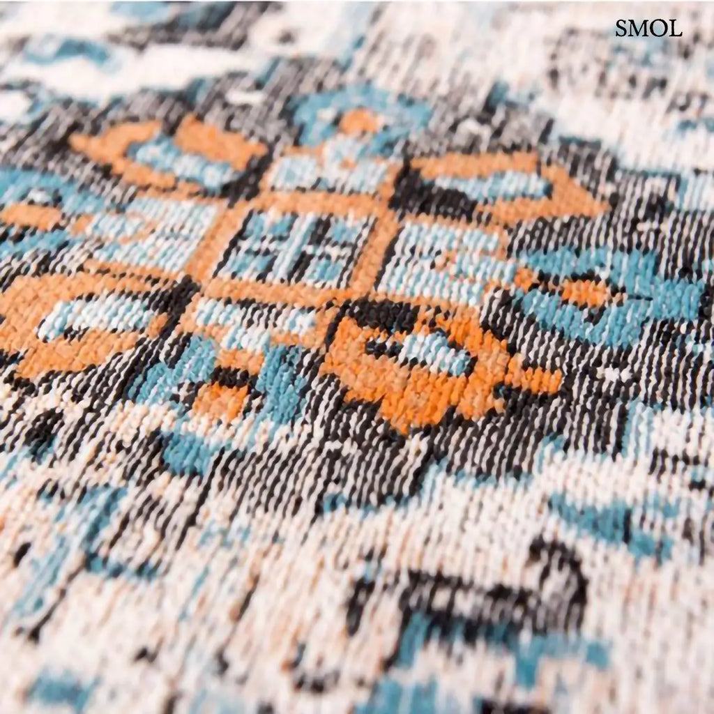 ECO RUG SERAY ORANGE perzsa mintás szőnyeg narancssárga alapon fekete-kék Heriz mintával, koptatott vintage hatással, minta nagyítva
