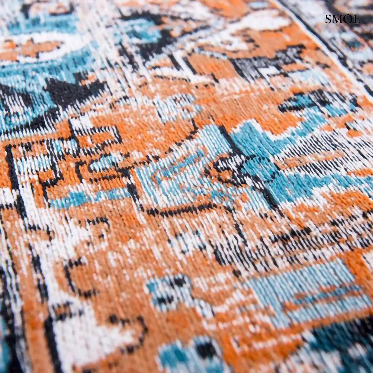 ECO RUG SERAY ORANGE perzsa mintás szőnyeg narancssárga alapon fekete-kék Heriz mintával, koptatott vintage hatással, nagyítva