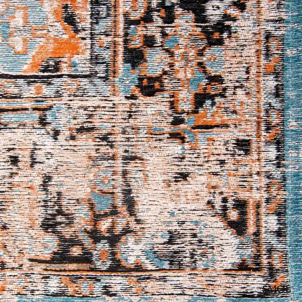 ECO RUG SERAY ORANGE perzsa mintás szőnyeg narancssárga alapon fekete-kék Heriz mintával, koptatott vintage hatással, széle nagyítva