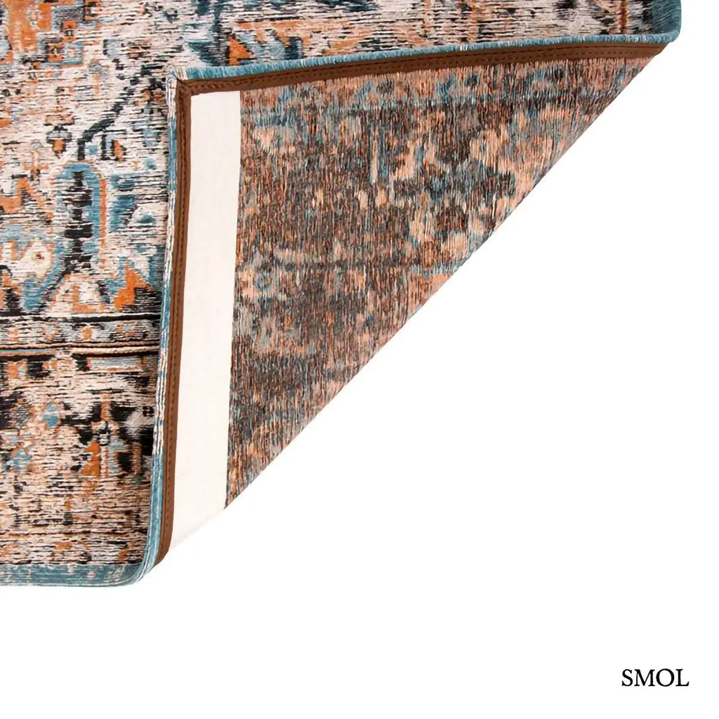 ECO RUG SERAY ORANGE perzsa mintás szőnyeg narancssárga alapon fekete-kék Heriz mintával, koptatott vintage hatással, felhajtott sarokkal