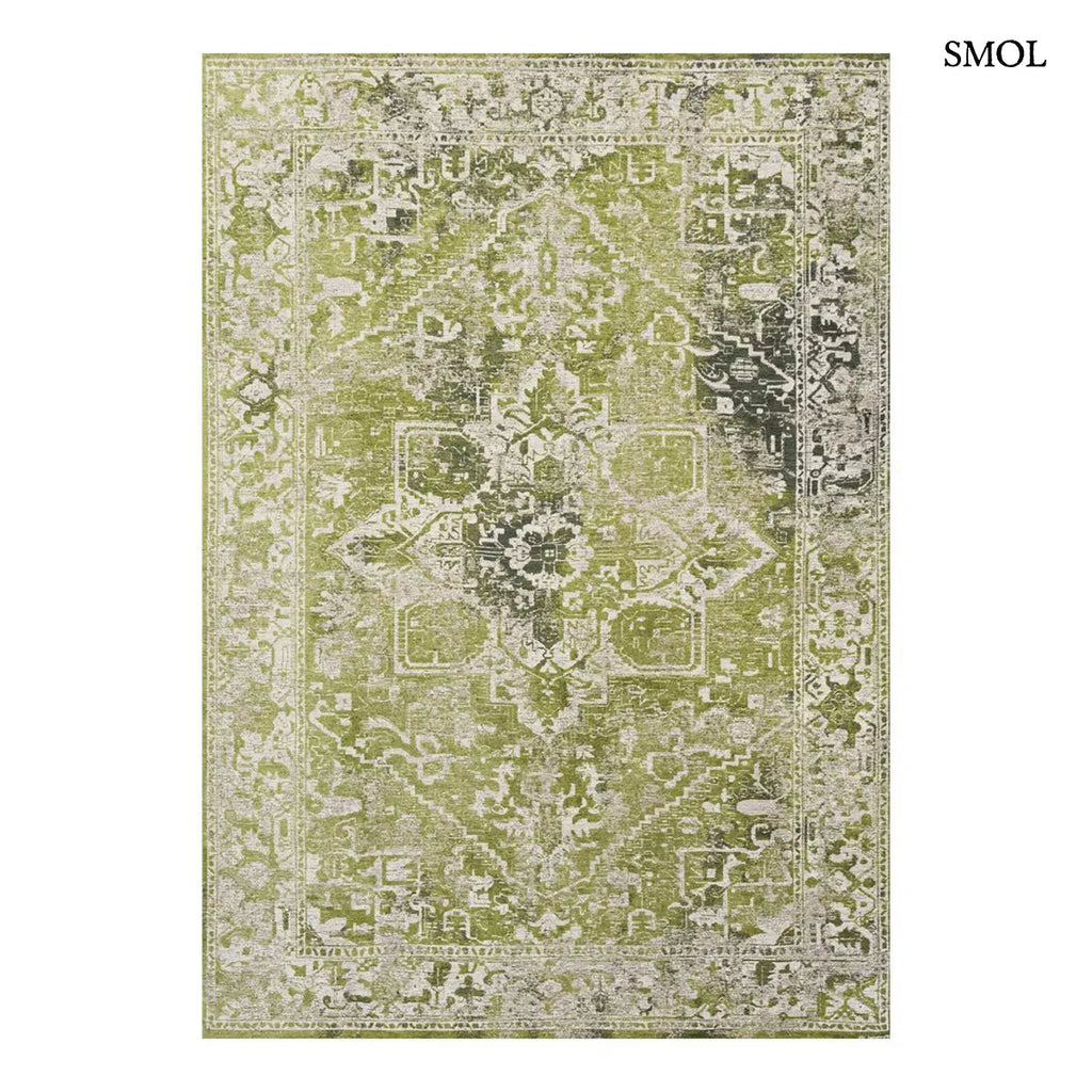 ECO RUG OLIVE WOOD perzsa mintás szőnyeg olívazöld tónusokban, koptatott felülettel, újrahasznosított poliészter, fehér háttérrel