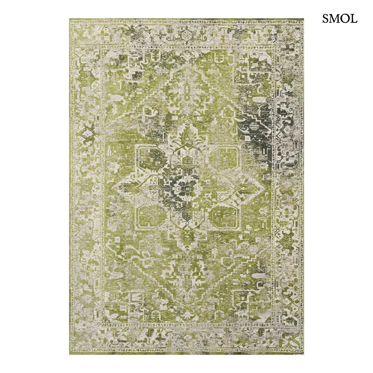 ECO RUG OLIVE WOOD perzsa mintás szőnyeg olívazöld tónusokban, koptatott felülettel, újrahasznosított poliészter, fehér háttérrel