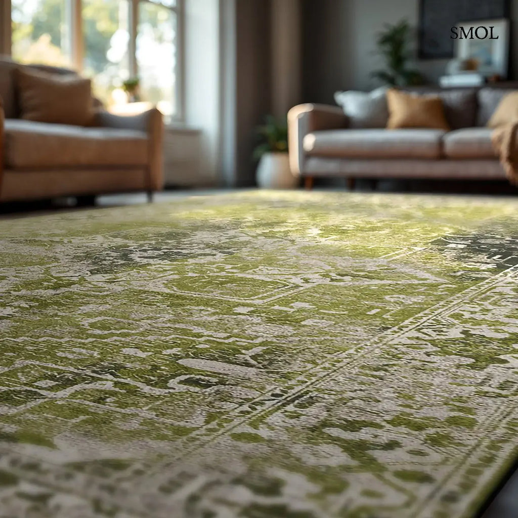 ECO RUG OLIVE WOOD perzsa mintás szőnyeg olívazöld tónusokban, koptatott felülettel, újrahasznosított poliészter nappaliban, nagyítva