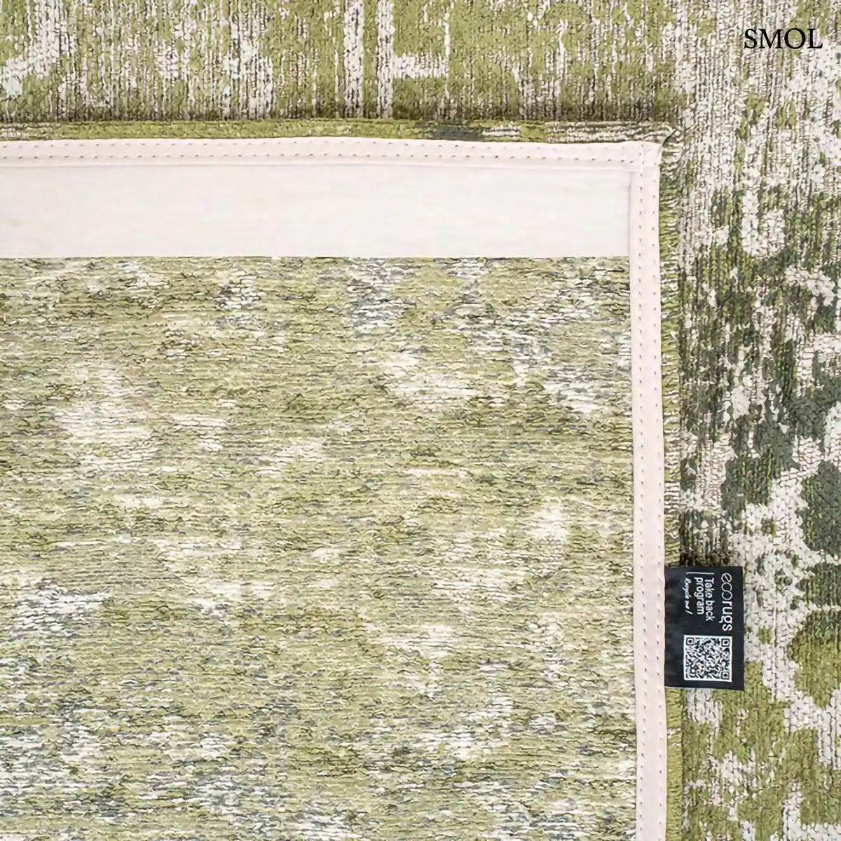ECO RUG OLIVE WOOD perzsa mintás szőnyeg olívazöld tónusokban, koptatott felülettel, újrahasznosított poliészter, sarok felhajtva