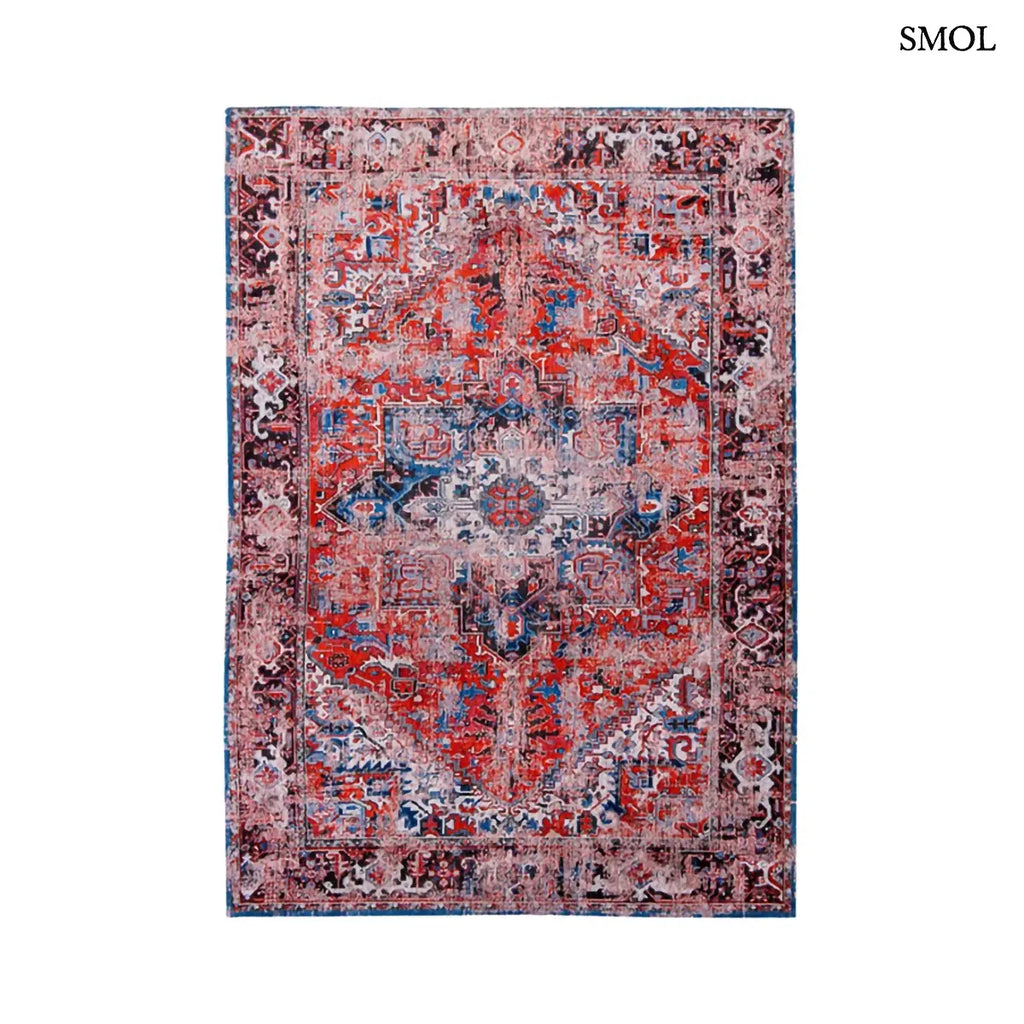 ECO RUG CLASSIC BRICK perzsa mintás szőnyeg piros alapon kék Heriz medallion mintával, koptatott vintage hatással, fehér háttérrel