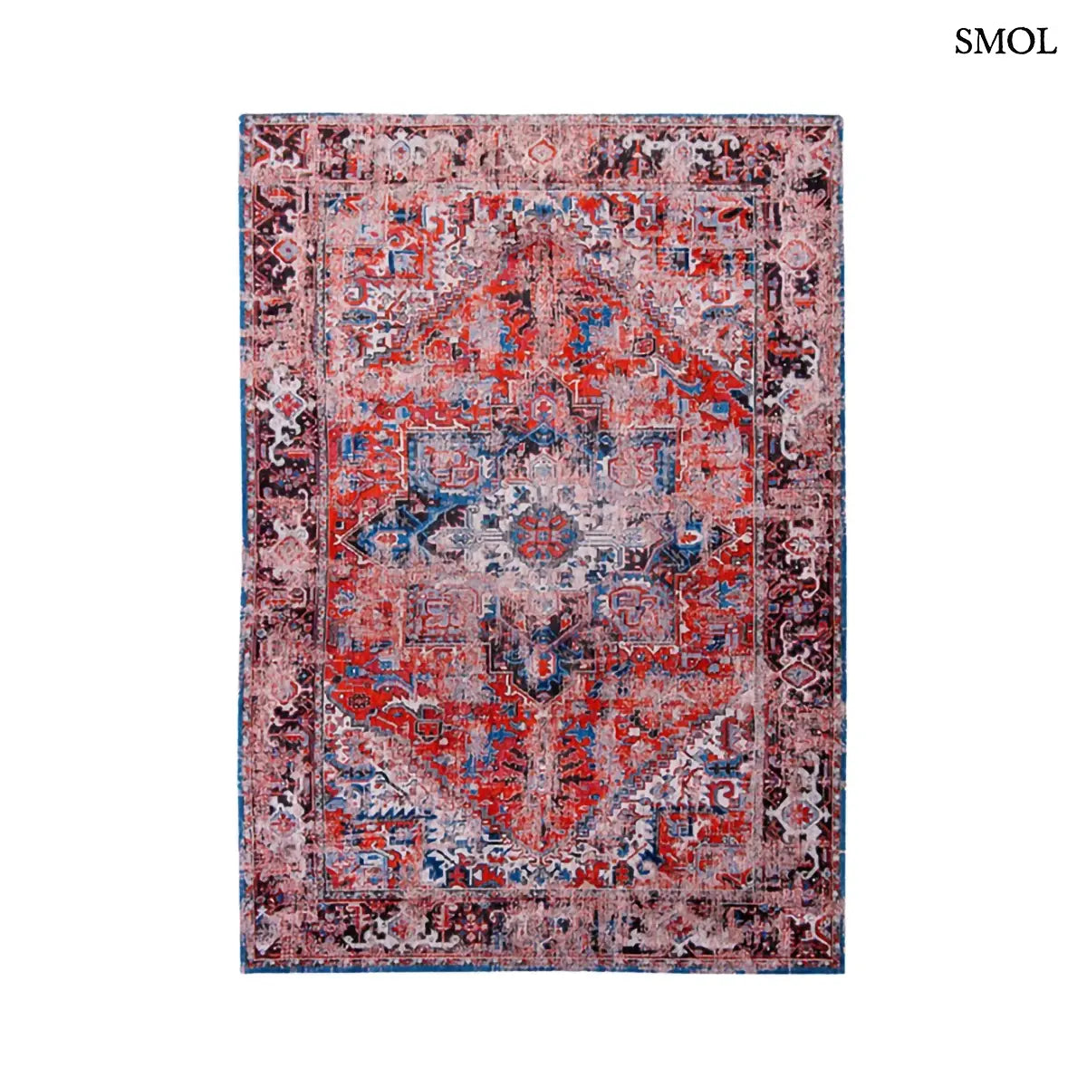 ECO RUG CLASSIC BRICK perzsa mintás szőnyeg piros alapon kék Heriz medallion mintával, koptatott vintage hatással, fehér háttérrel