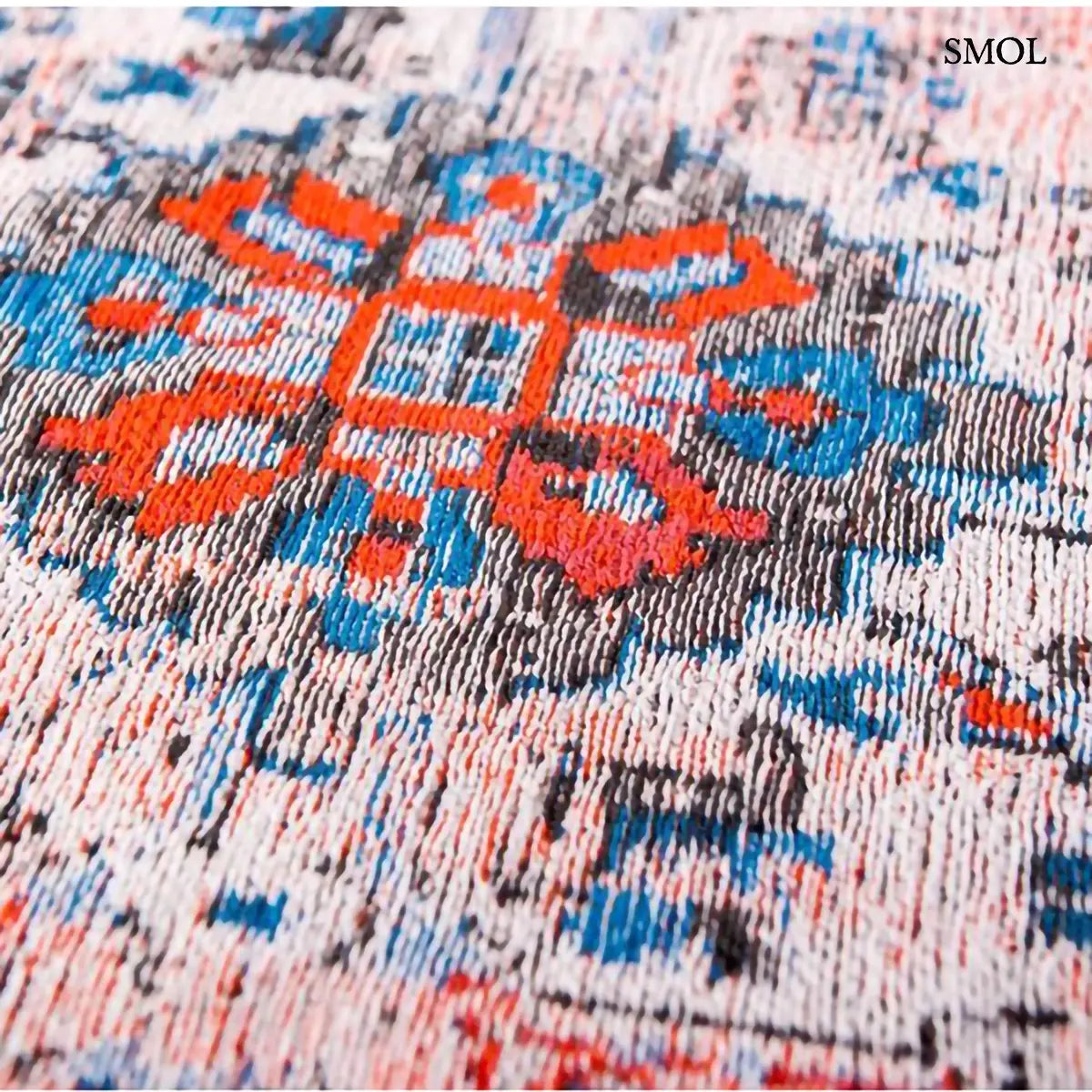 ECO RUG CLASSIC BRICK perzsa mintás szőnyeg piros alapon kék Heriz medallion mintával, koptatott vintage hatással, minta nagyítva