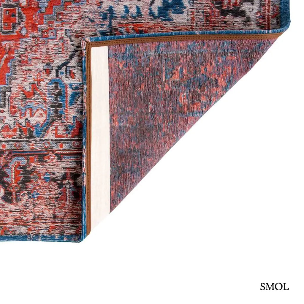 ECO RUG CLASSIC BRICK perzsa mintás szőnyeg piros alapon kék Heriz medallion mintával, koptatott vintage hatással, felhajtott sarokkal