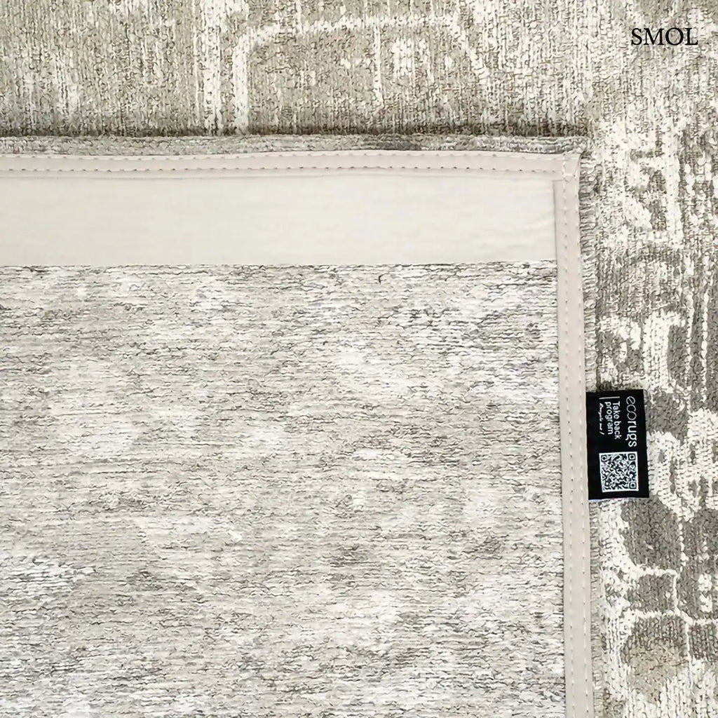 ECO RUG SUEDE perzsa mintás szőnyeg szürke-taupe tónusokban, koptatott felülettel, újrahasznosított poliészter, sarok felhajtva