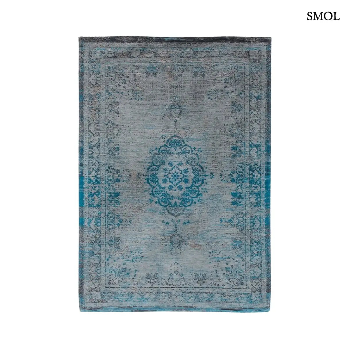 ECO RUG GREY TURQUOISE perzsa mintás szőnyeg szürke alapon türkiz medallion mintával, koptatott vintage hatással, fehér háttérrel