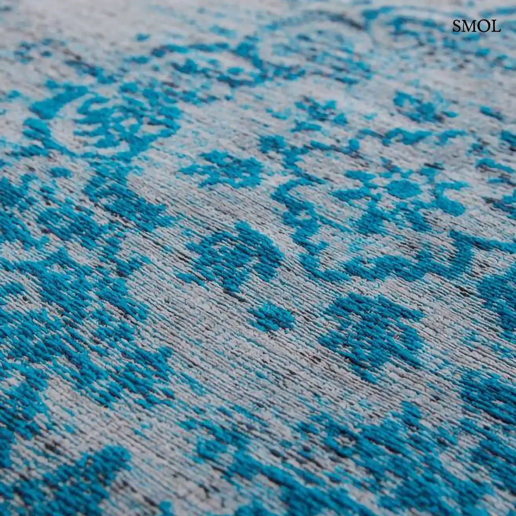 ECO RUG GREY TURQUOISE perzsa mintás szőnyeg szürke alapon türkiz medallion mintával, koptatott vintage hatással, minta nagyítva