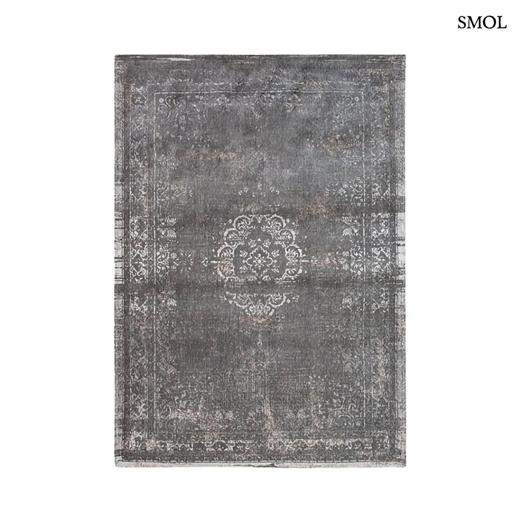 ECO RUG STONE perzsa mintás szőnyeg antracit-szürke tónusokban, vintage hatással, jacquard szövés, pamut-gyapjú-poliészter, fehér háttérrel