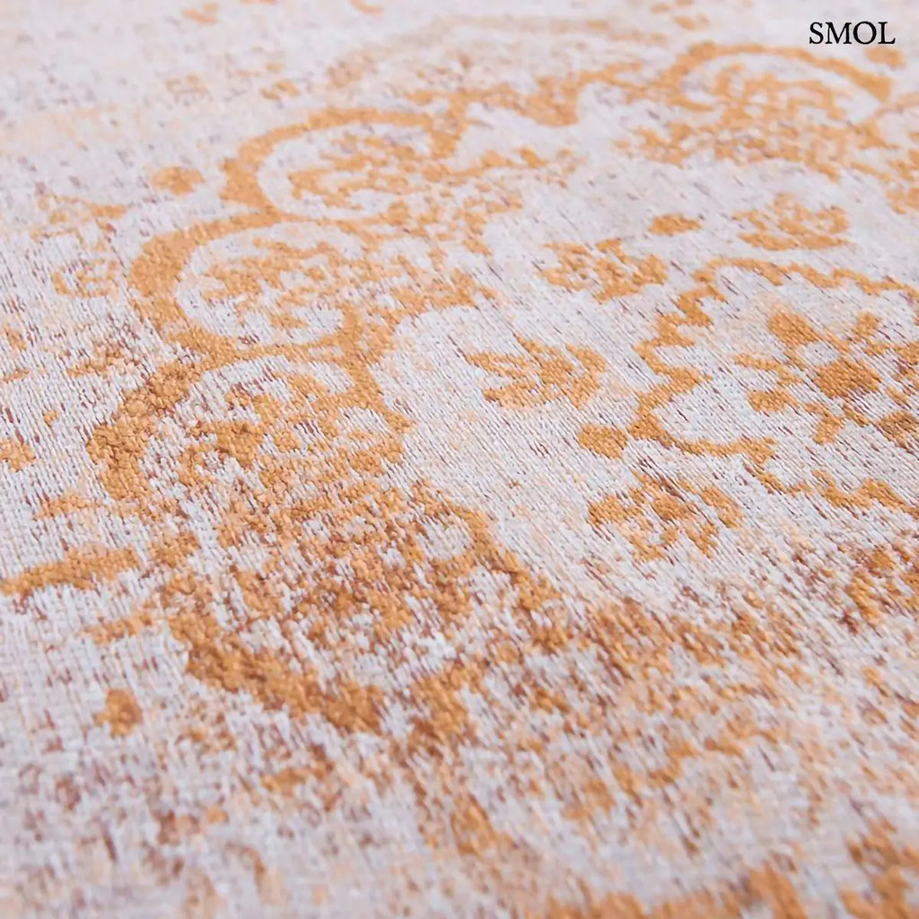ECO RUG SALMON szőnyeg, barna perzsa mintázattal, központi virágos medállal, koptatott, halványuló szegéllyel, minta nagyítva