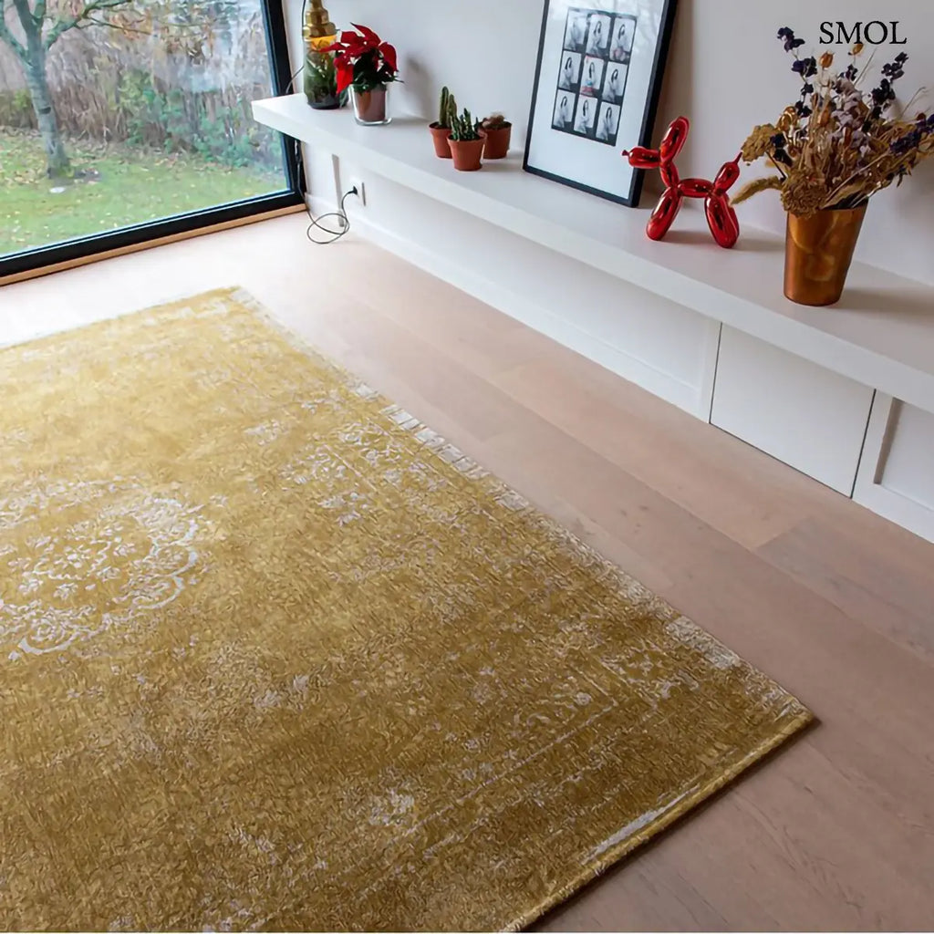 ECO RUG SPRING MOSS perzsa mintás szőnyeg barna tónusokban, vintage hatással, jacquard szövés, pamut-gyapjú-poliészter, szobában, ferdén