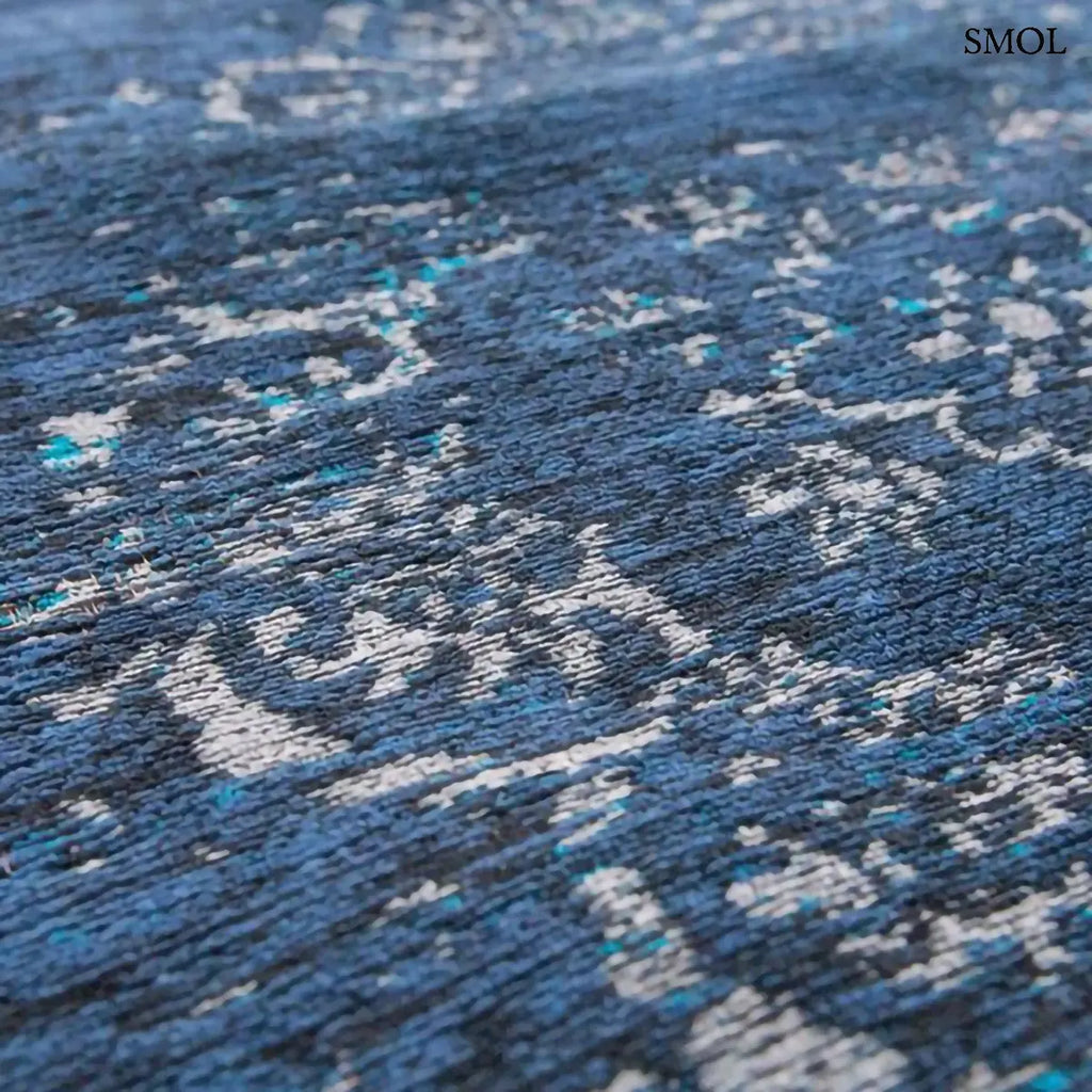 ECO RUG BLUE NIGHT perzsa mintás szőnyeg éjkék alapon ezüst medallion mintával, türkiz szegéllyel, vintage hatással, textúra