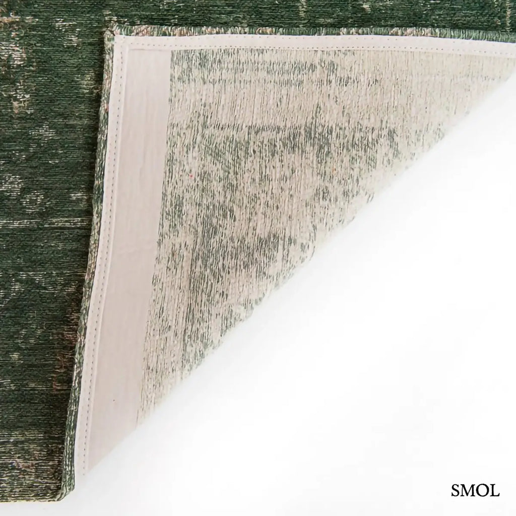 ECO RUG MAJESTIC FOREST perzsa mintás szőnyeg erdőzöld tónusokban, vintage hatással, jacquard szövés, pamut-gyapjú-poliészter, sarok felhajtva