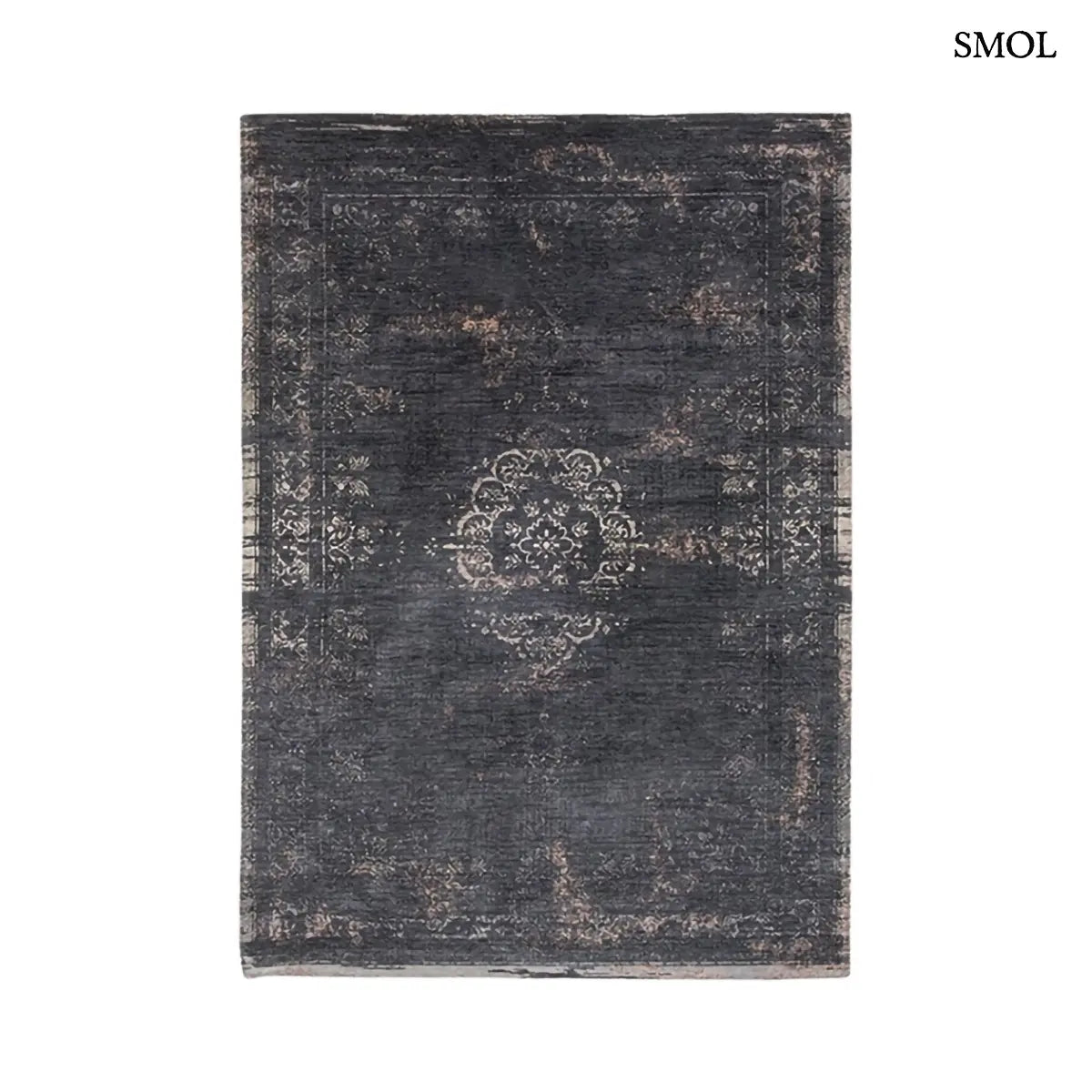 ECO RUG MINERAL BLACK perzsa mintás szőnyeg vintage hatással, fekete-antracit színben, jacquard Wilton szövés, pamut-gyapjú-poliészter, fehér háttérrel