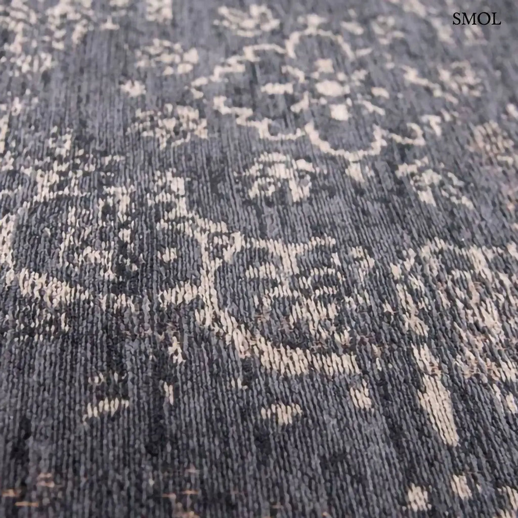 ECO RUG MINERAL BLACK perzsa mintás szőnyeg vintage hatással, fekete-antracit színben, jacquard Wilton szövés, pamut-gyapjú-poliészter, minta nagyítva