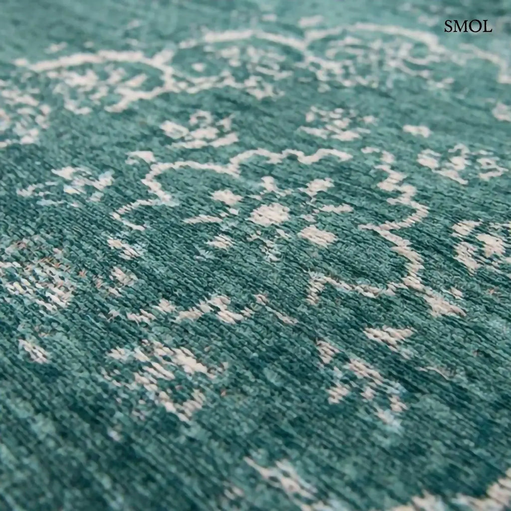 ECO RUG JADE perzsa mintás szőnyeg jadezöld alapon krémszínű koptatott medallion mintával, vintage hatással, jacquard szövés, minta nagyítva