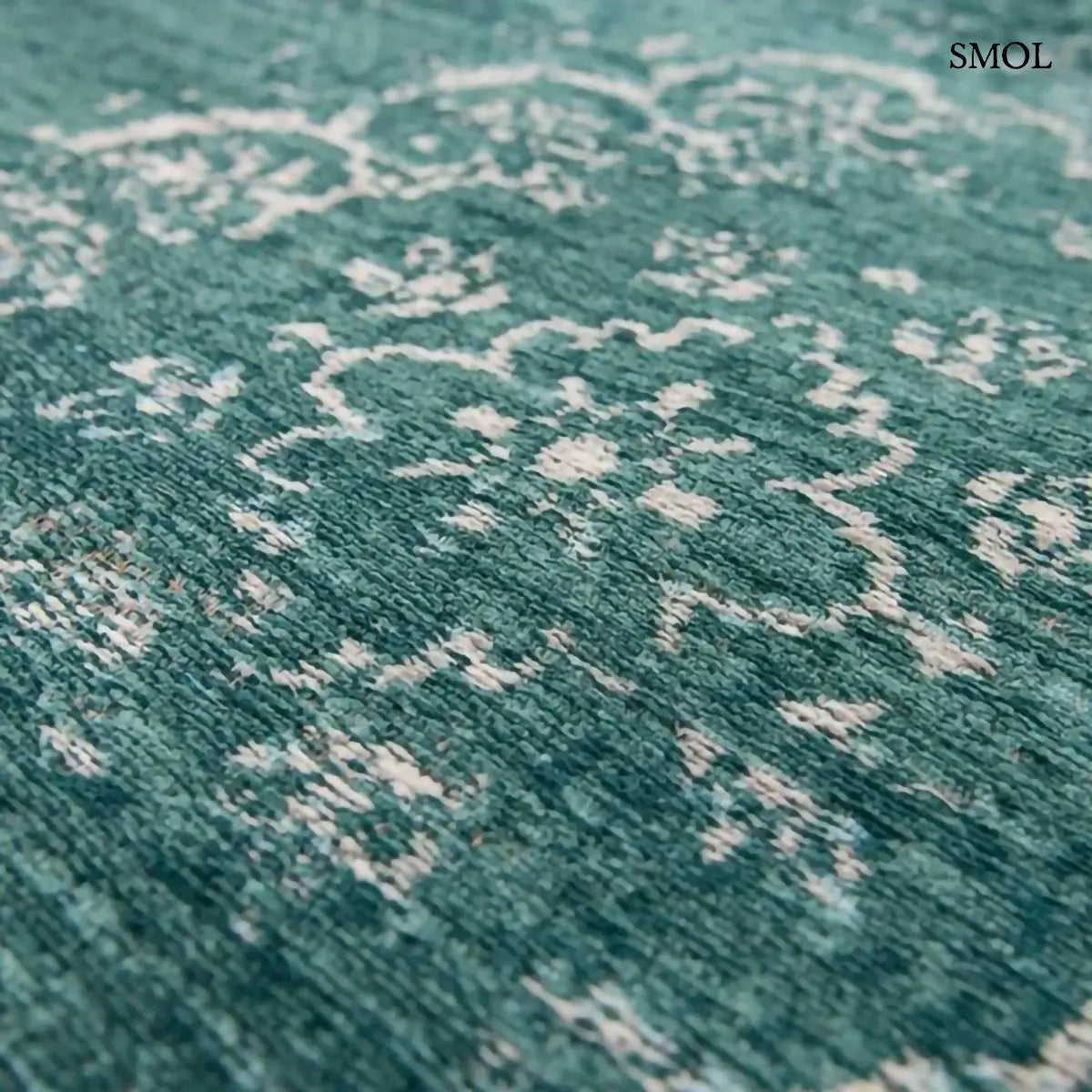 ECO RUG JADE perzsa mintás szőnyeg jadezöld alapon krémszínű koptatott medallion mintával, vintage hatással, jacquard szövés, minta nagyítva