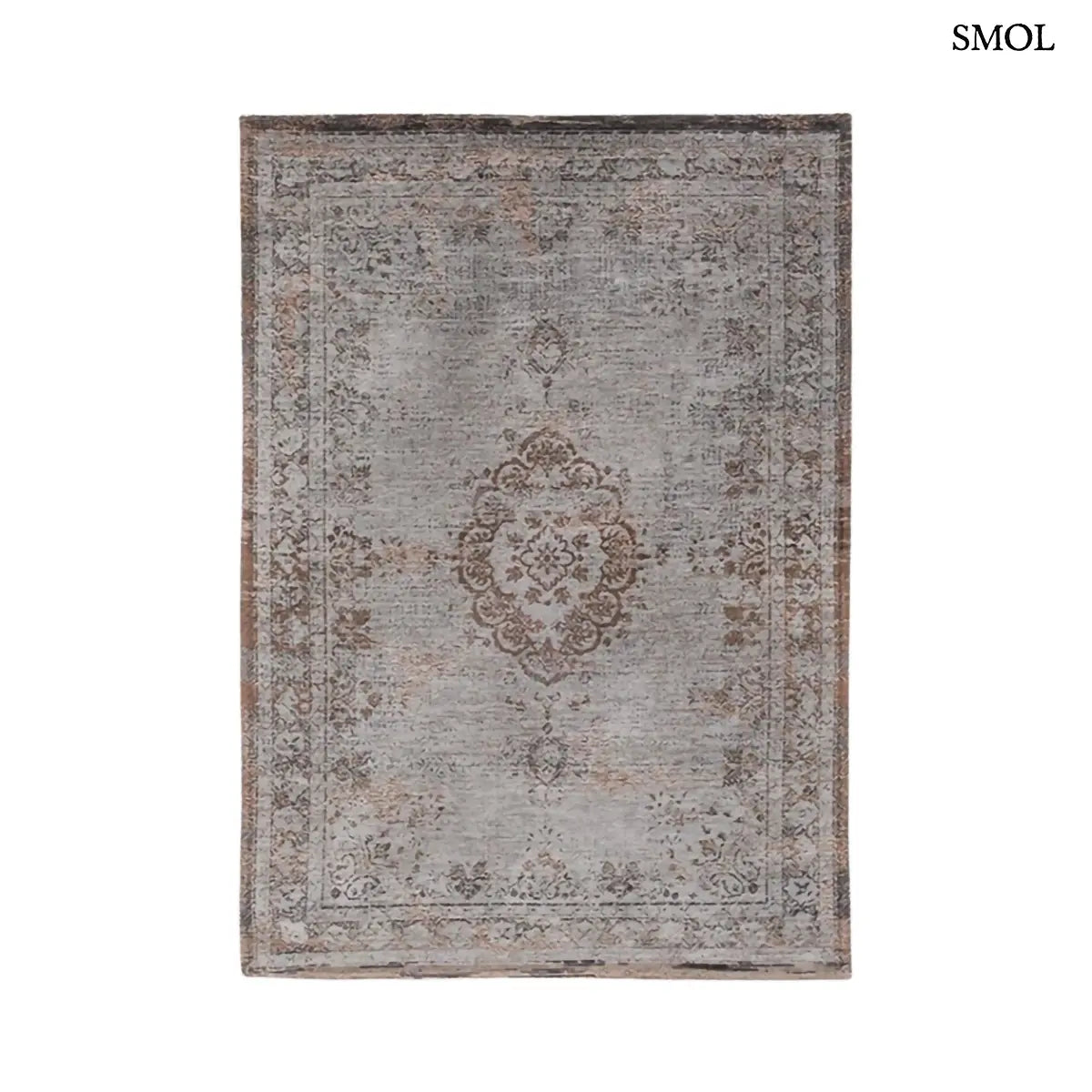 ECO RUG GREY EBONY perzsa mintás szőnyeg ezüstszürke alapon rozsdabarna-bronz mintával, vintage hatással, jacquard szövés, fehér háttérrel