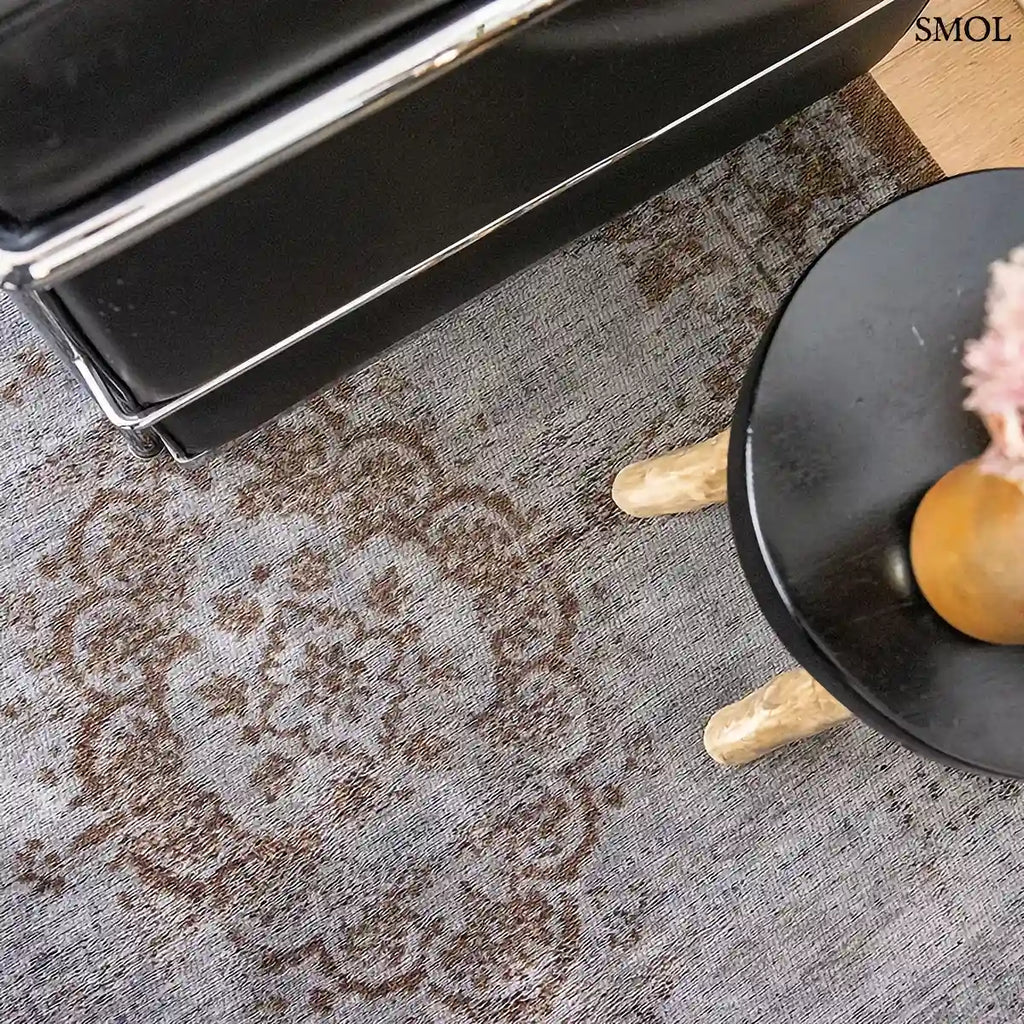 ECO RUG GREY EBONY szürke-barna vintage perzsa szőnyeg koptatott medallion mintával, lapos szövés, 3 mm – kül- és beltéri, nappaliban, felülről