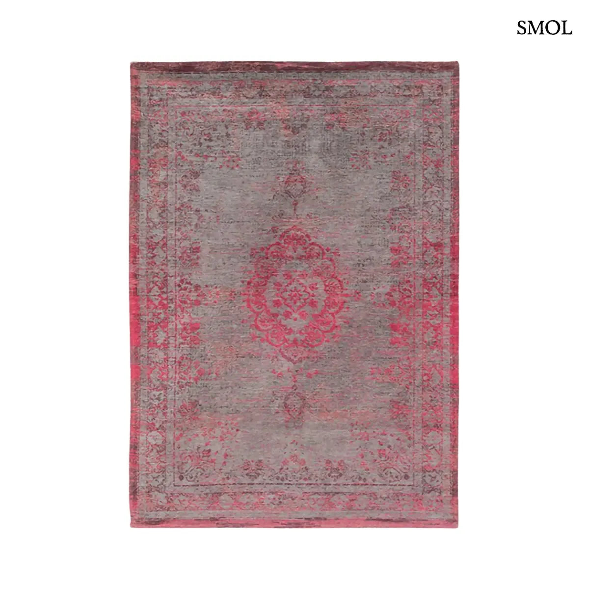 ECO RUG PINK FLASH perzsa mintás szőnyeg szürke alapon élénk rózsaszín mintával, vintage hatással, jacquard szövés, fehér háttérrel