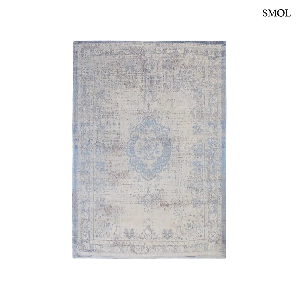 ECO RUG GREY JEANS perzsa mintás szőnyeg szürkéskék tónusokban, vintage hatással, jacquard szövés, pamut-gyapjú-poliészter, fehér háttérrel