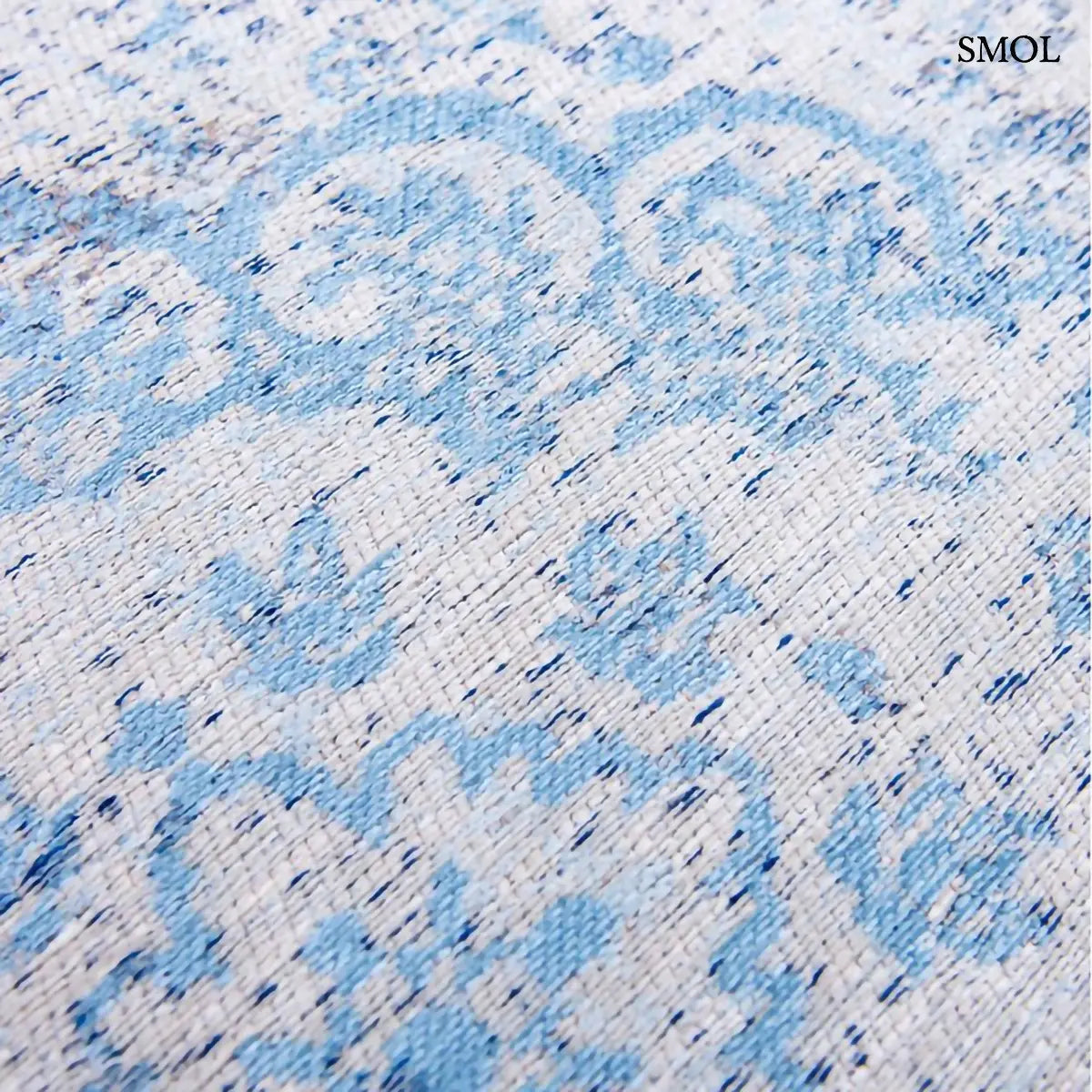 ECO RUG GREY JEANS perzsa mintás szőnyeg szürkéskék tónusokban, vintage hatással, jacquard szövés, pamut-gyapjú-poliészter minta nagyítva