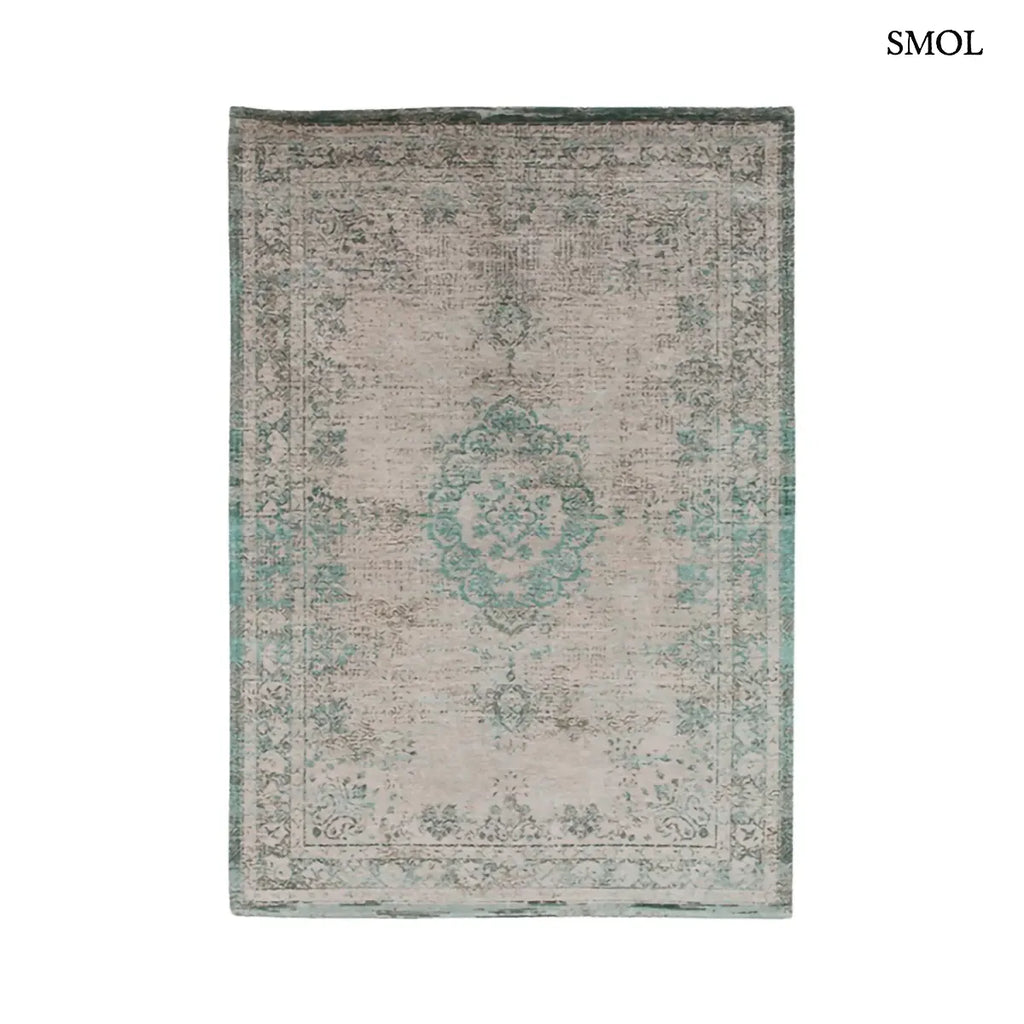 ECO RUG JADE OYSTER perzsa mintás szőnyeg türkizzöld tónusokban, krémszürke alapon, vintage hatással, jacquard szövés, fehér háttérrel