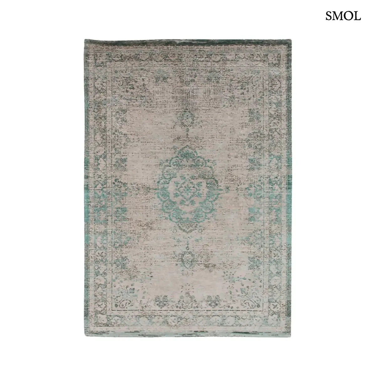 ECO RUG JADE OYSTER perzsa mintás szőnyeg türkizzöld tónusokban, krémszürke alapon, vintage hatással, jacquard szövés, fehér háttérrel