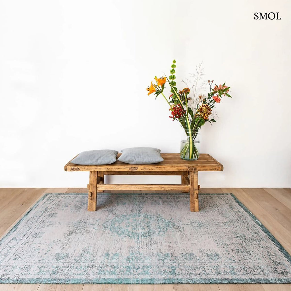 ECO RUG JADE OYSTER perzsa mintás szőnyeg türkizzöld tónusokban, krémszürke alapon, vintage hatással, jacquard szövés, paddal, szemből