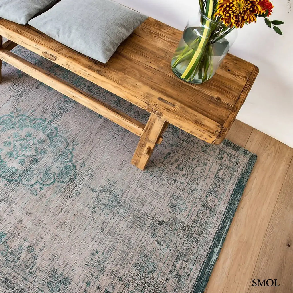 ECO RUG JADE OYSTER perzsa mintás szőnyeg türkizzöld tónusokban, krémszürke alapon, vintage hatással, jacquard szövés, paddal, fölülről