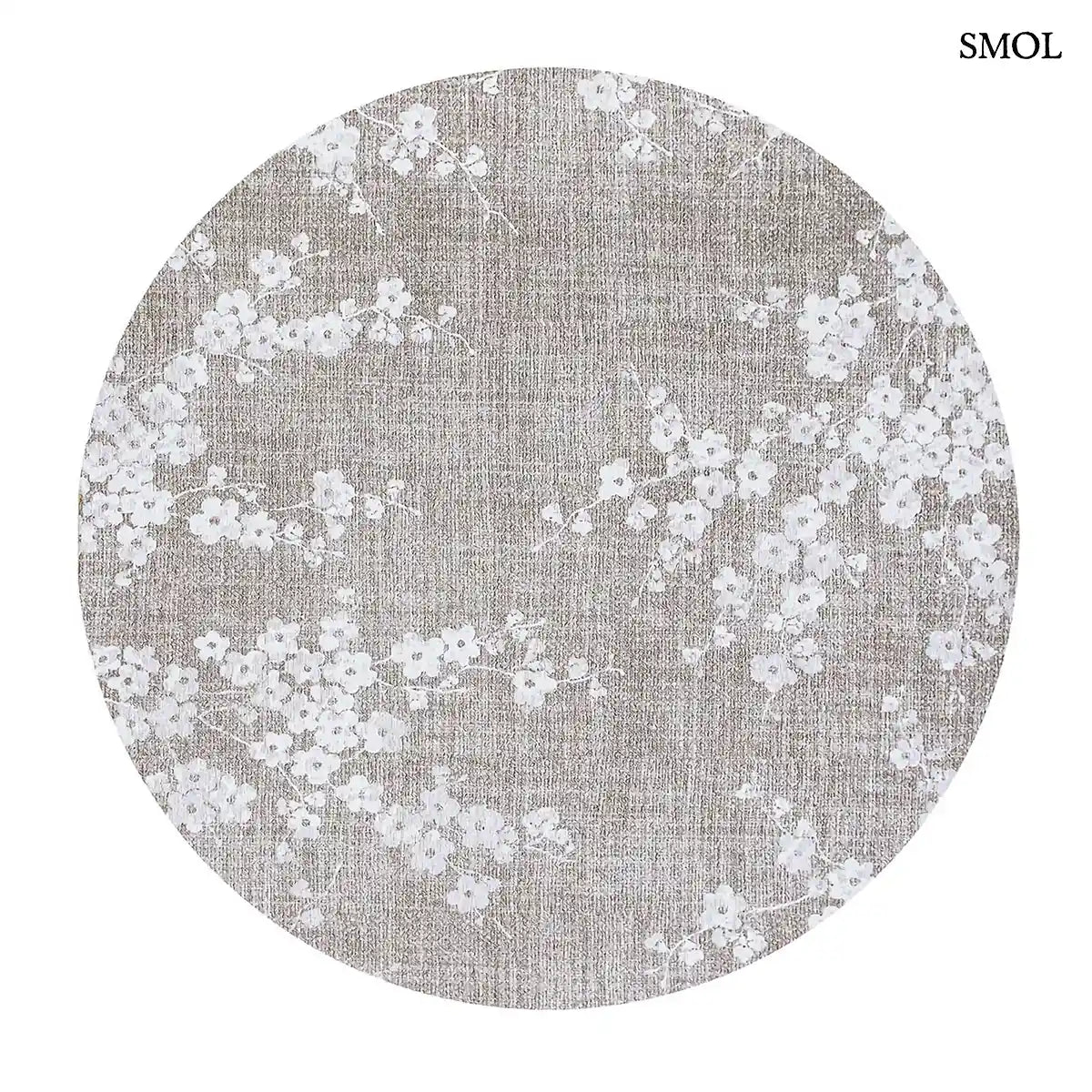 ECO RUG MORNING MIST sakura mintás szőnyeg barna-szürke alapon, fehér cseresznyevirág motívumokkal, kerek formában