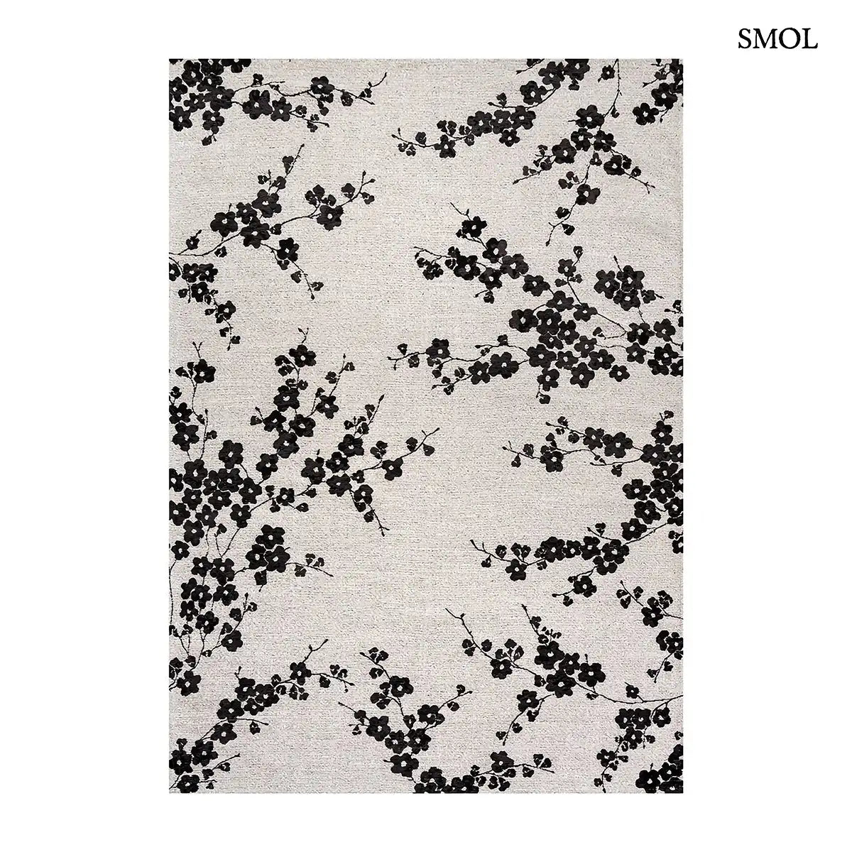 ECO RUG NIGHT SNOW sakura mintás szőnyeg világos alapon, fekete cseresznyevirág motívumokkal, fehér háttérrel
