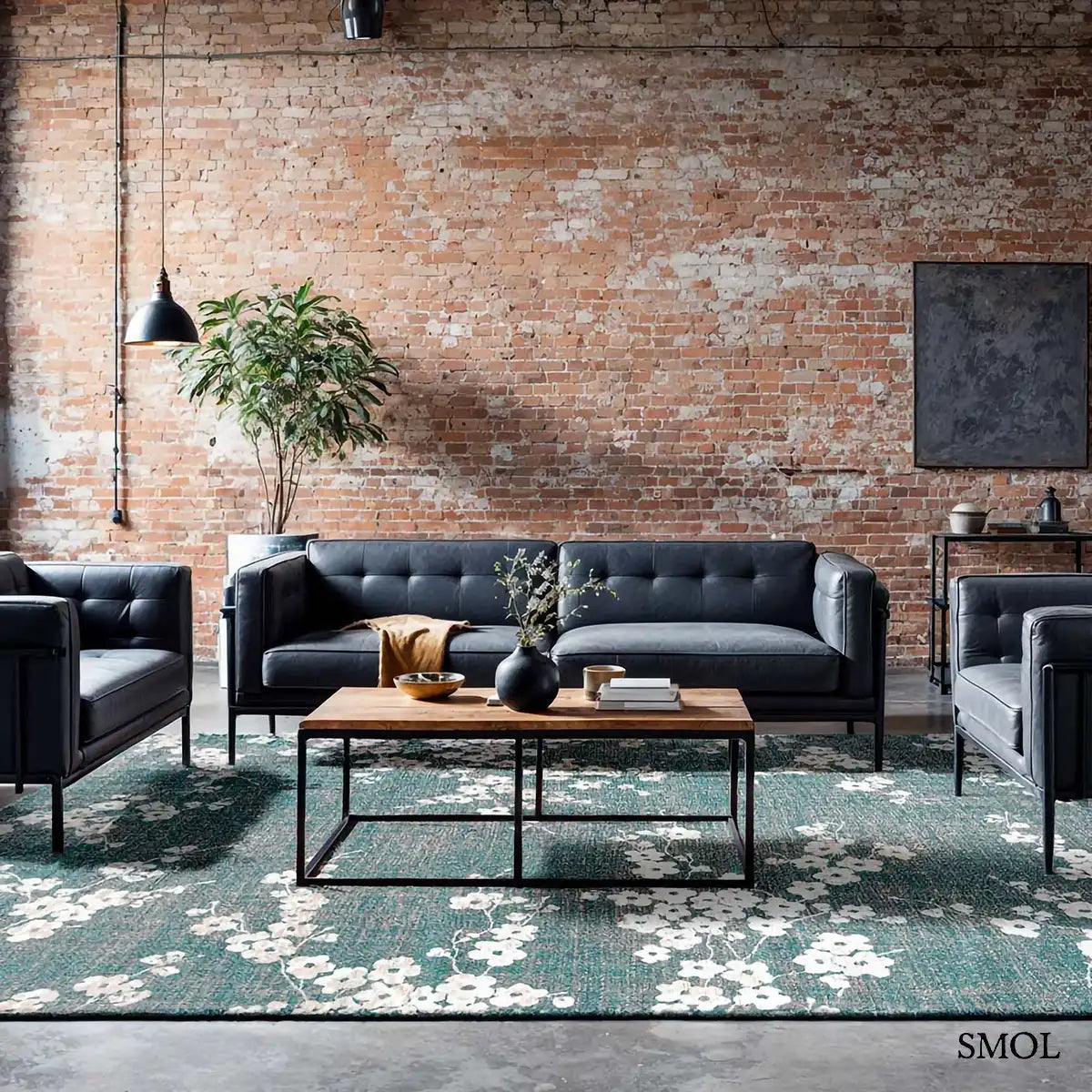 ECO RUG LAKE BLUE sakura mintás szőnyeg türkizkék alapon fehér-krém cseresznyevirág ágakkal. nappaliban