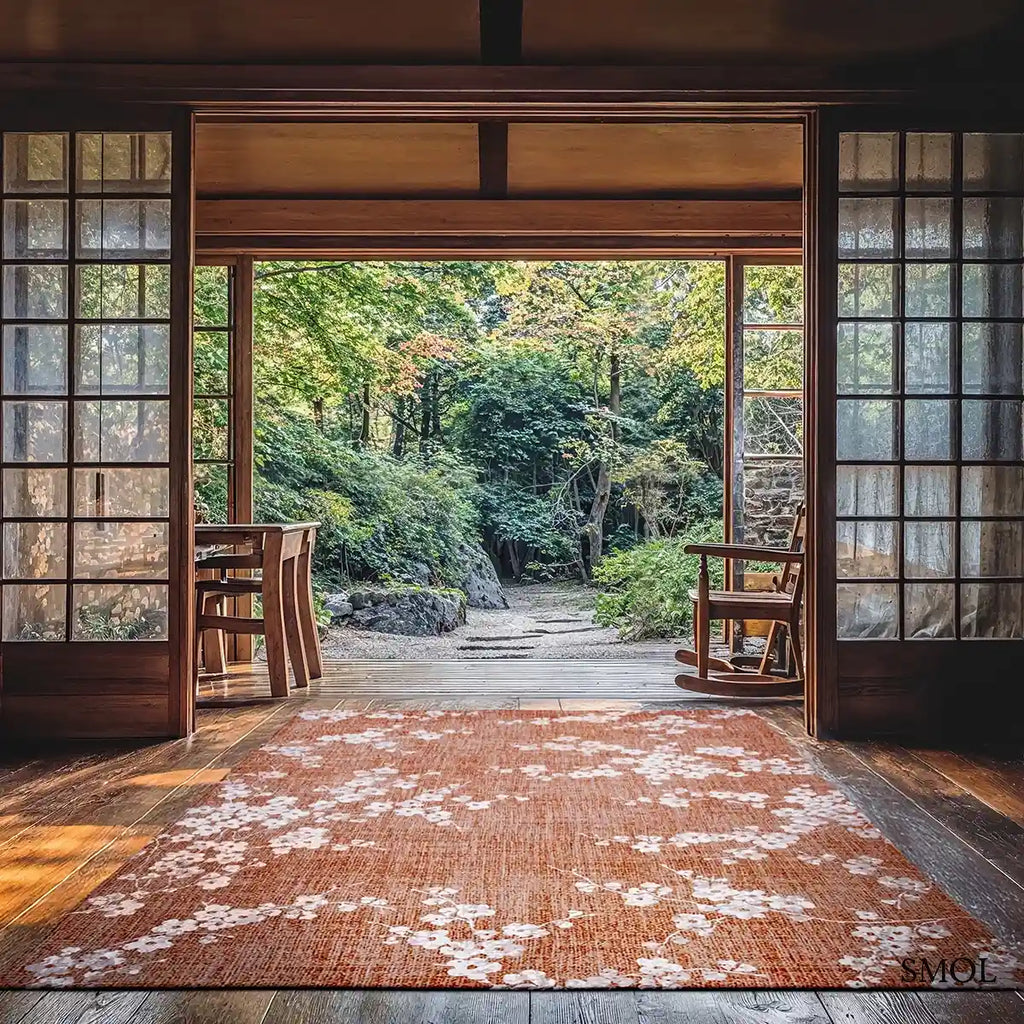 ECO RUG COPPER PINK rózsaszín sakura mintás szőnyeg japán cseresznyevirág motívumokkal, lapos szövés, 3 mm – kül- és beltéri, nappaliban, japán háttérrel