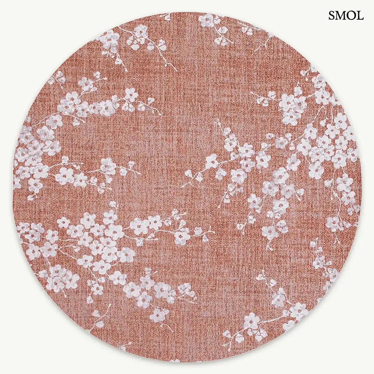 ECO RUG COPPER PINK rózsaszín sakura mintás szőnyeg japán cseresznyevirág motívumokkal, lapos szövés, 3 mm – kül- és beltéri, kerek formában, fehér háttérrel