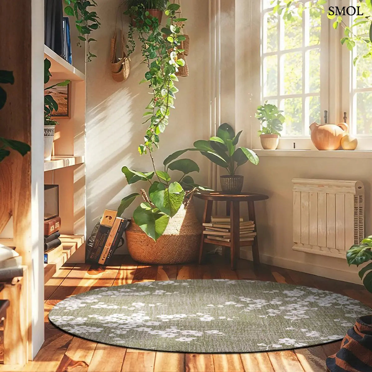 ECO RUG WET GARDEN zöld sakura mintás szőnyeg japán cseresznyevirág motívumokkal, lapos szövés, 3 mm – kül- és beltéri, kerek formában, nappaliban