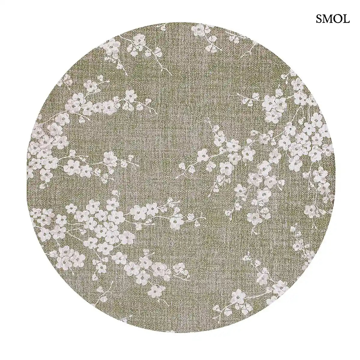 ECO RUG WET GARDEN zöld sakura mintás szőnyeg japán cseresznyevirág motívumokkal, lapos szövés, 3 mm – kül- és beltéri, kerek formában, fehér háttérrel