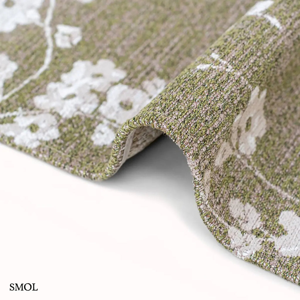 ECO RUG WET GARDEN zöld sakura mintás szőnyeg japán cseresznyevirág motívumokkal, lapos szövés, 3 mm – kül- és beltéri, vastagság nagyítva