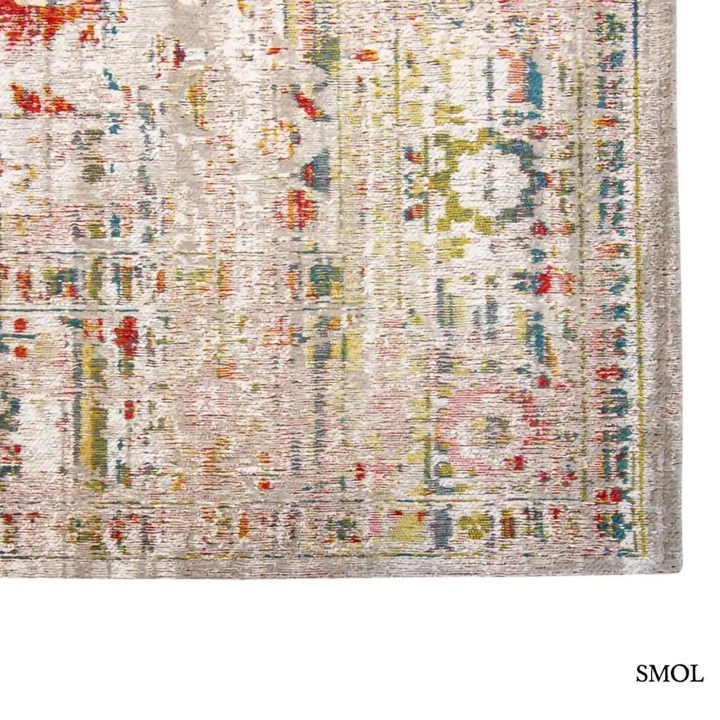 ECO RUG TURKISH DELIGHT sokszínű török mintás szőnyeg bézs alapon, halvány Ushak motívumokkal, piros, kék, zöld és mustár akcentusokkal, szegély