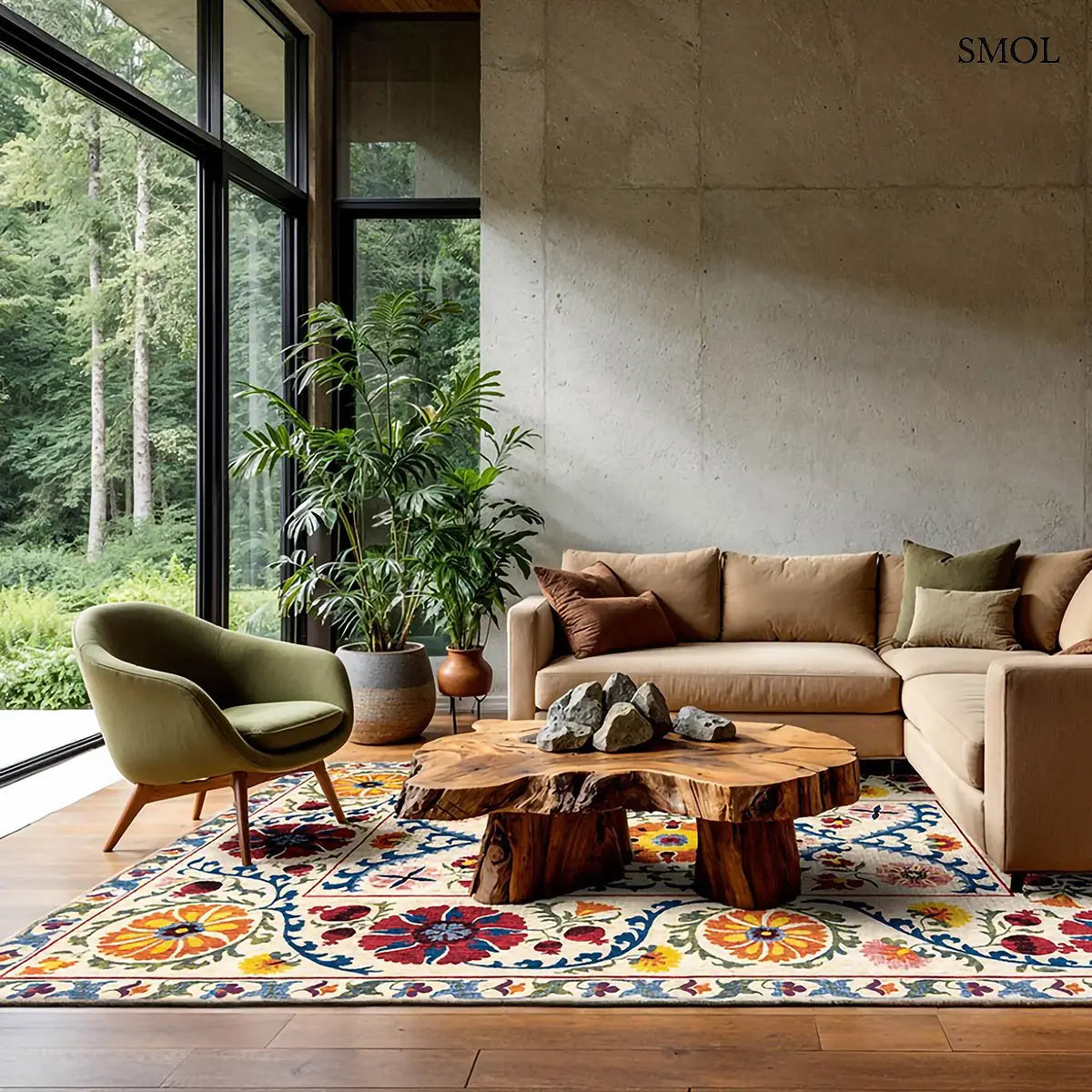 ECO RUG ORIGINE sokszínű suzani mintás szőnyeg krém alapon, közép-ázsiai virágos motívumokkal., nappaliban