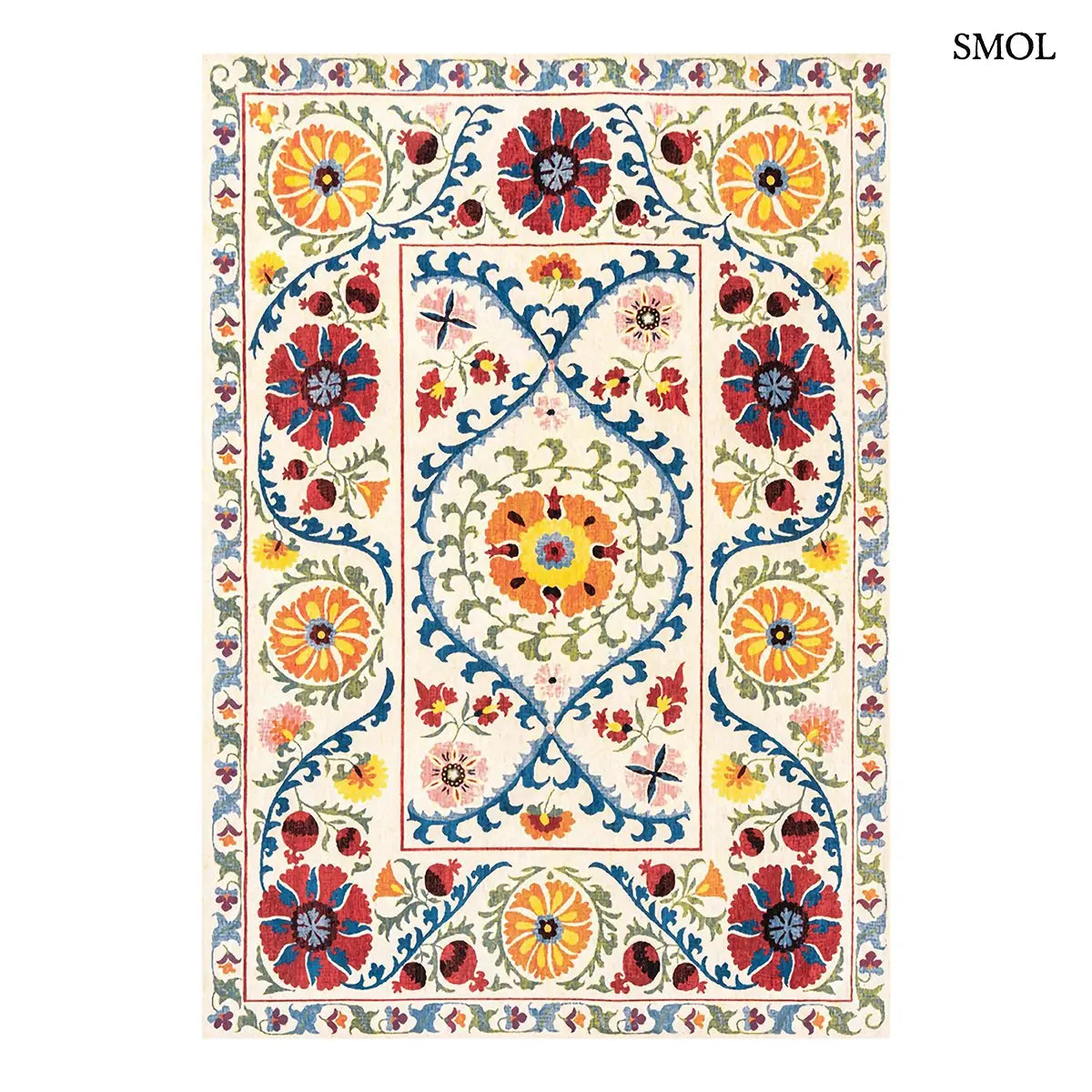 ECO RUG ORIGINE sokszínű suzani mintás szőnyeg krém alapon, közép-ázsiai virágos motívumokkal, fehér háttérrel
