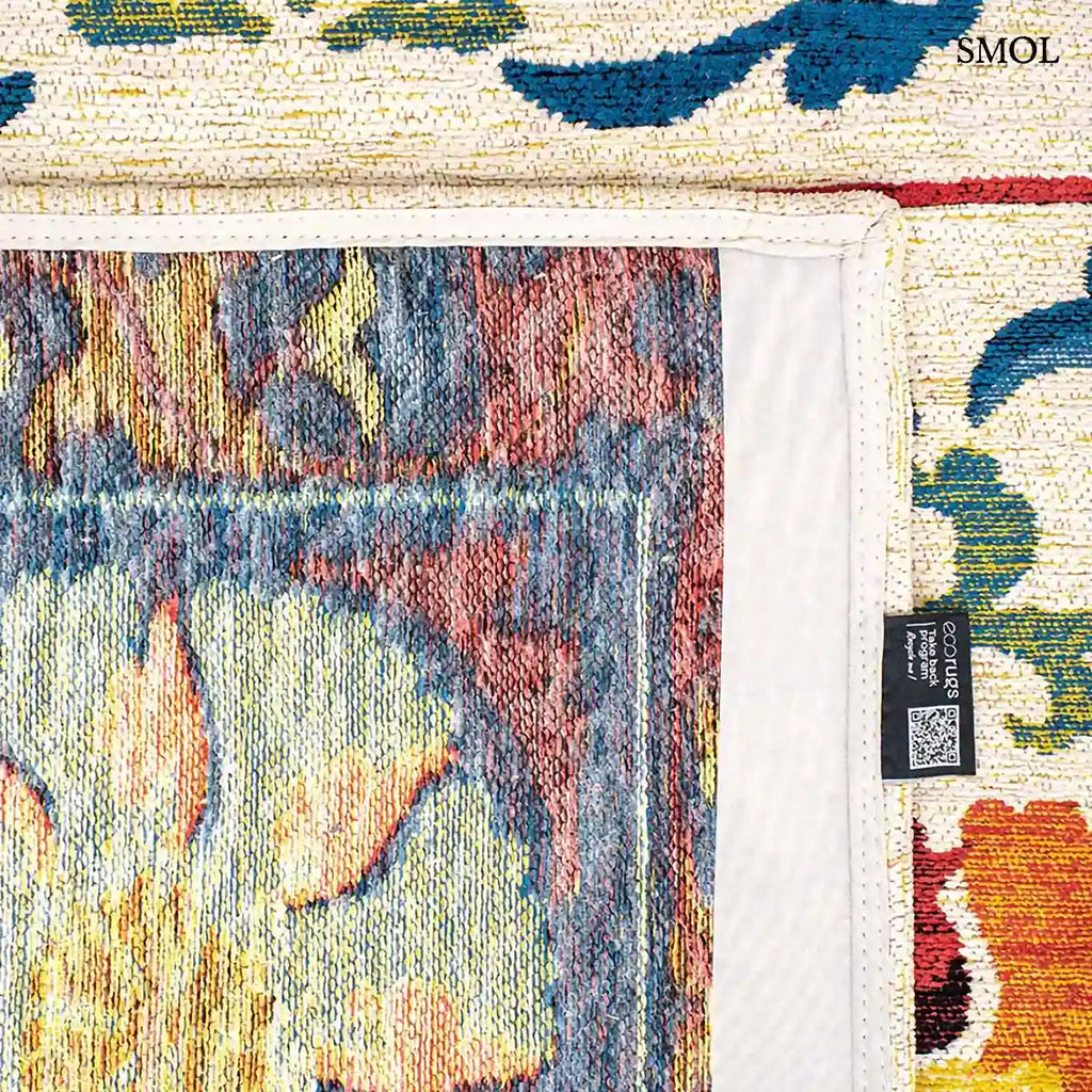 ECO RUG ORIGINE sokszínű suzani mintás szőnyeg krém alapon, közép-ázsiai virágos motívumokkal, felhajtott sarokkal