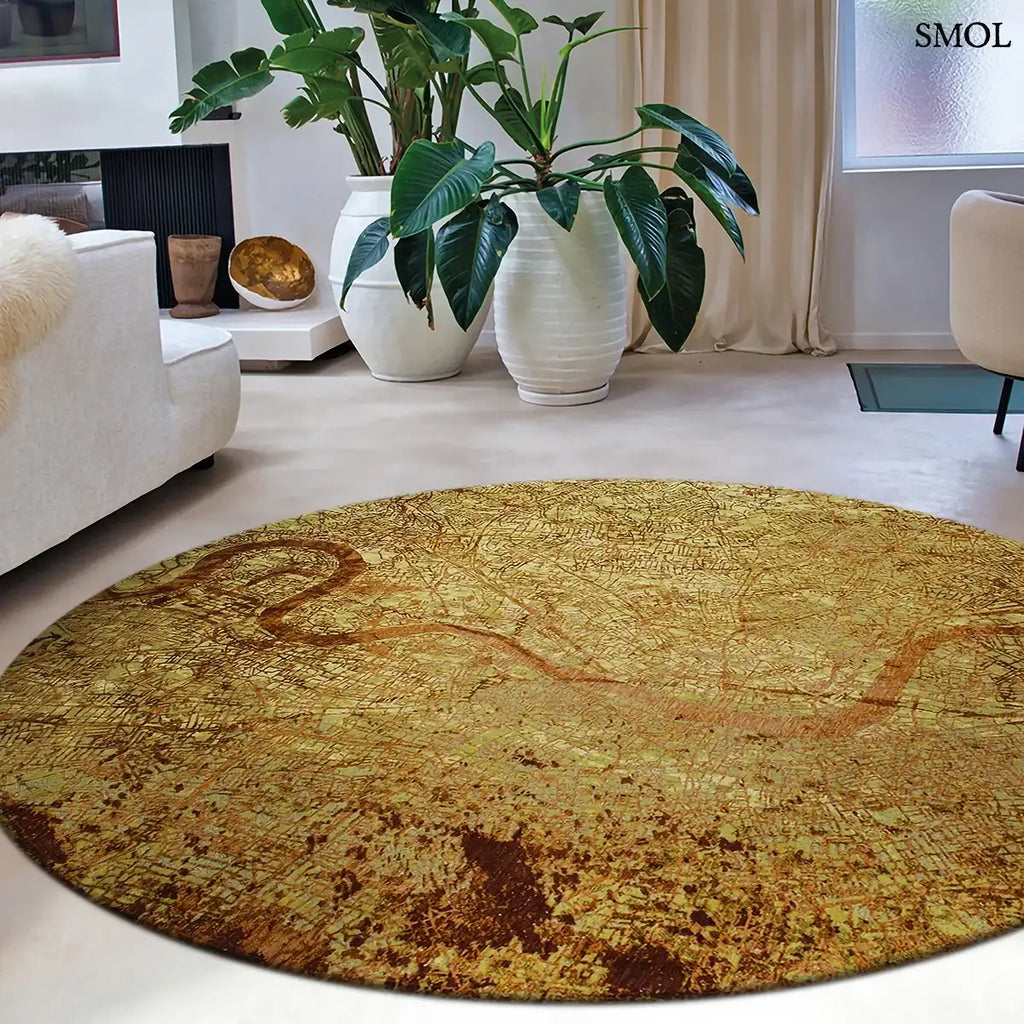 ECO RUG GREEN MEADOWS barna-zöld London térkép mintás szőnyeg grafikus városképpel, lapos szövés, 3 mm – kül- és beltéri, kerek formában, nappaliban