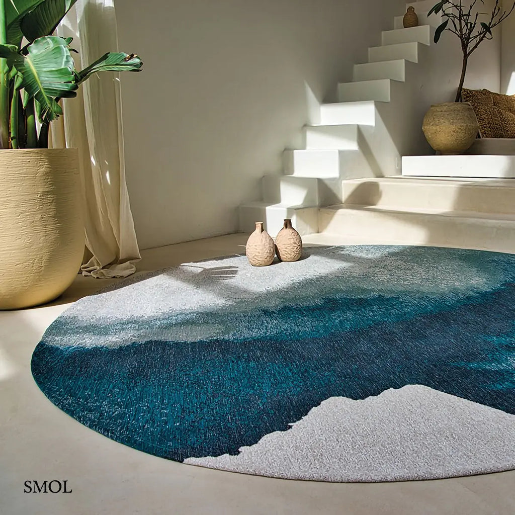 ECO RUG INKJET tintafolt mintás szőnyeg fehér alapon türkiz-kék absztrakt vízfestmény hatással, kör alakban lépcsővel